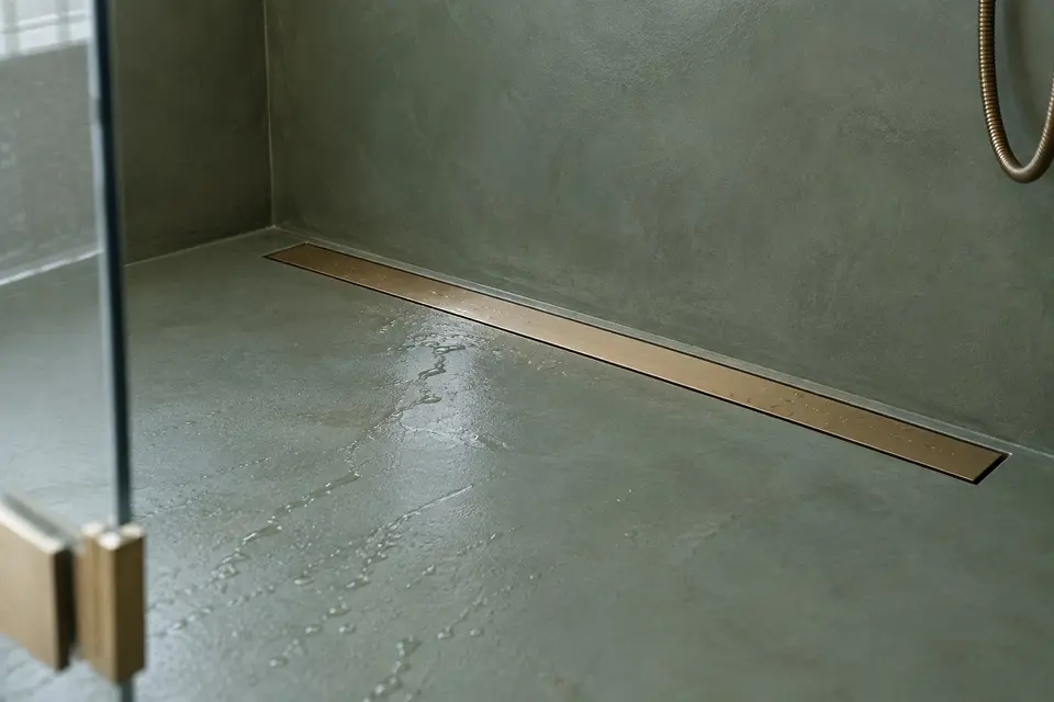Hotová podlaha sprchy se spádem k lineárnímu žlabu