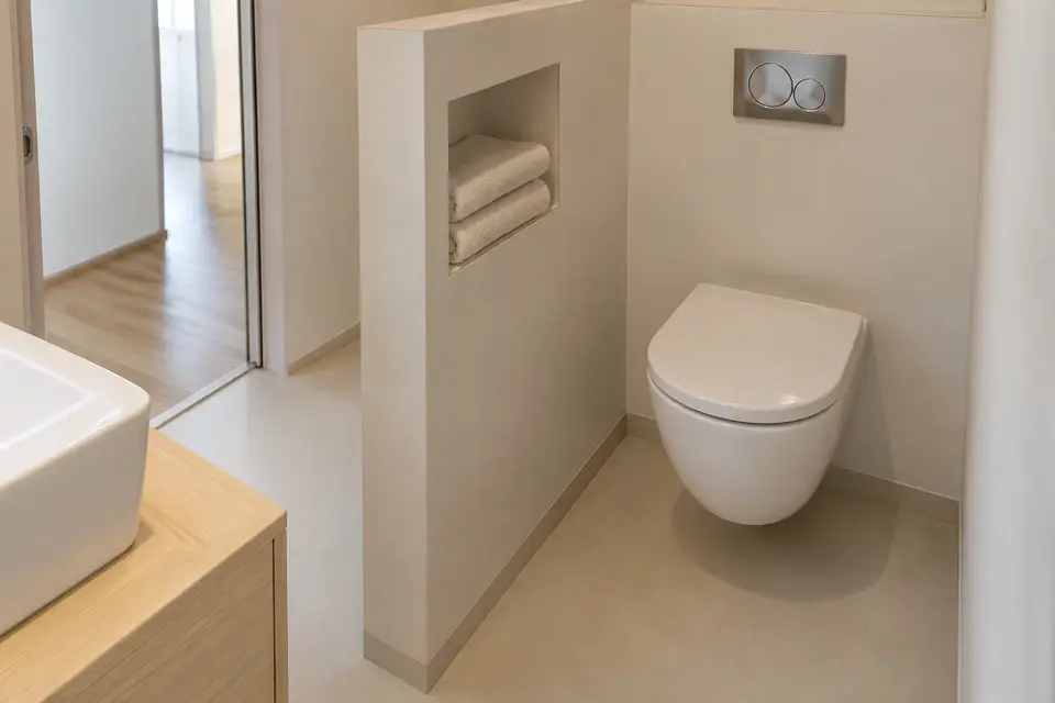 Závěsné WC za nízkou předstěnou s nikou, vše v křídově bílé stěrce