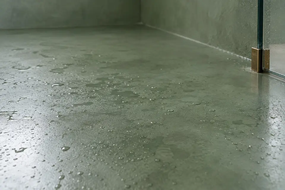 Mokrý povrch podlahy sprchy s ochranným lakem